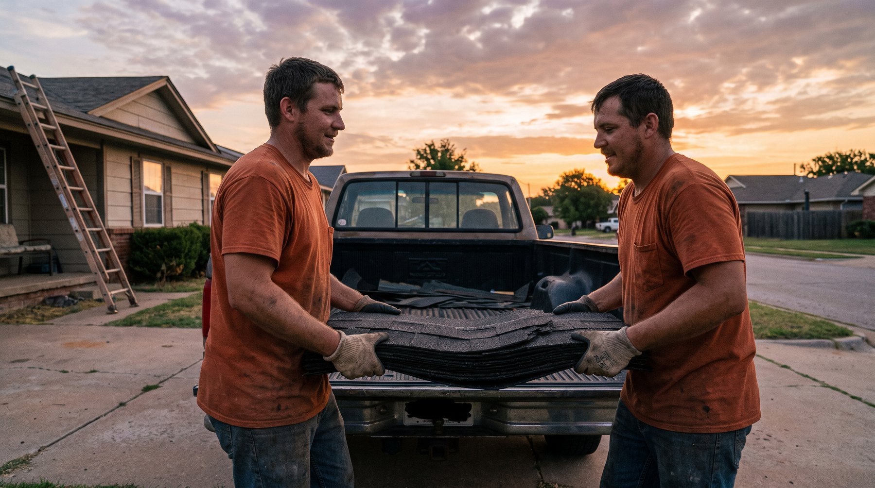 A Redbud crew unloading shingle bundles in a driveway under a wide Oklahoma sky