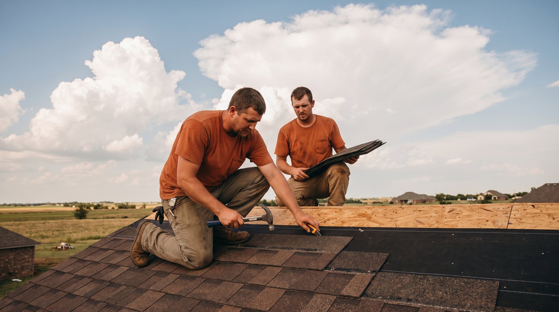Two Redbud roofers in terracotta shirts installing architectural shingles under a towering Oklahoma sky