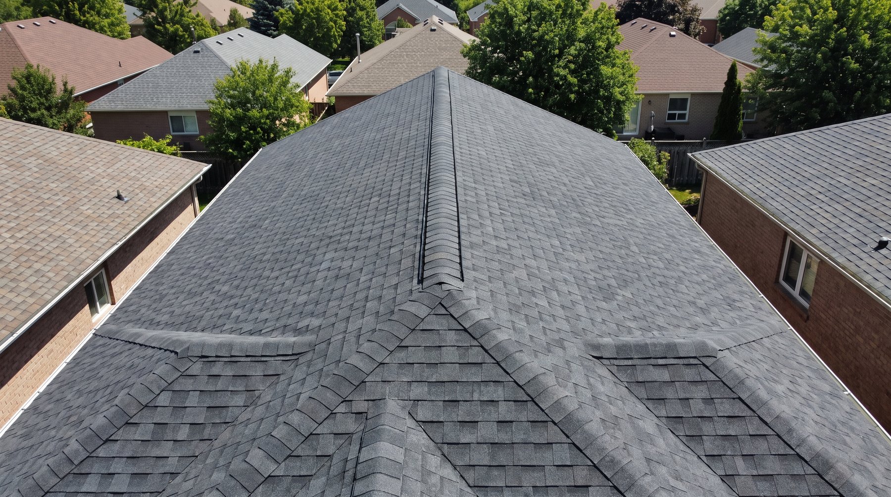 Aerial view along a finished ridge line showing crisp cap shingles and clean hips